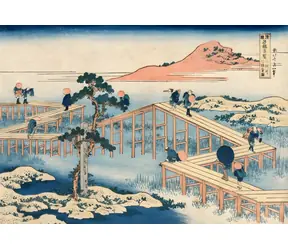 Grafikpuzzle: Antike Darstellung einer achtteiligen Brücke in der Provinz Mikawa / 1000 Teile / 69 × 47,8 cm