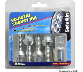 Compass M14x1,50x26 mm Kugelbund / Radsicherungsbolzen / 4er-Set + Schlüssel / für Škoda, VW, Audi, Seat