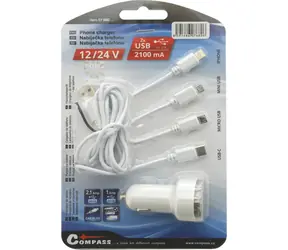 Compass Kfz-Ladegerät USB 12/24V 2,1A / Kfz-Ladegerät / iPhone, Mini-USB, Micro-USB, USB-C