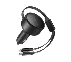 Orico Dual Stretch Autoladegerät, schwarz / Autoladegerät / 2x ausziehbares USB-C- + Lightning-Kabel / 60 W