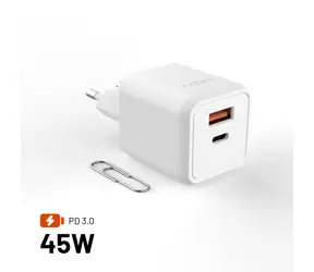 Mini- FIXED , weiß / Netzwerk-GaN-Ladegerät / USB-C + USB-A / PD 45W