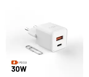 Mini- FIXED , weiß / Wandladegerät / GaN / USB-C + USB-A / 30 W / PD 3.0
