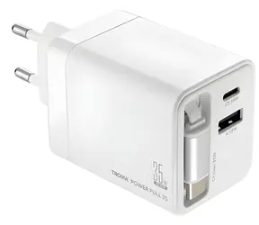 Troika POWER PULL 35 weiß / Ladegerät / GaN / USB-C + USB-A / 35W PD / einziehbares USB-C-Kabel