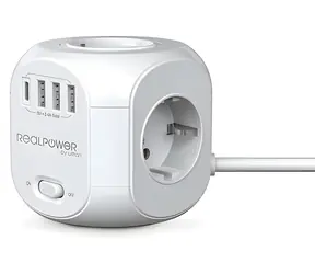 RealPower PowerBox 431 weiß / Erweiterungswürfel / 4X 230V / 3x USB-A / USB-C / 1,8 m