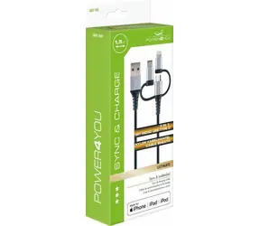 Schwaiger 3-in-1 schwarz-silbernes Ladekabel / USB-A auf Micro-USB, Lightning, USB-C / 1,5 m / 3 A