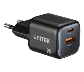 Unitek Zeno schwarz / Wandladegerät / GaN / USB-C PD 20W / USB-A / 2 Anschlüsse