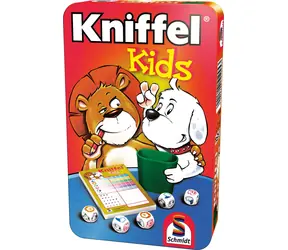 Schmidt Kinderspiel mit Würfeln Kniffel Kids in einer Blechdose / Würfelspiel / 5 Würfel mit Tieren