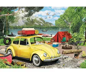 EUROGRAPHICS Puzzle in der Blechdose: Volkswagen Käfer auf dem Campingplatz / 550 Teile / 48 × 33 cm