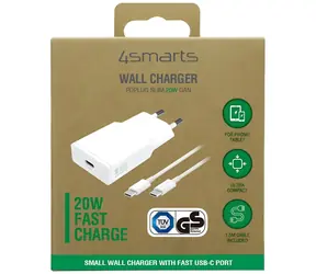 4smarts PDPlug Slim 20W GaN USB-C weiß / Ladegerät / GaN / Power Delivery / USB-C-Kabel 1,5 m im Lieferumfang enthalten