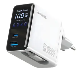 4smarts GaN Flex Screen AI 100W weiß / Ladegerät / GaN / 2x USB-C, 1x USB-A / Display