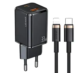 USAMS T43 schwarz / Netzteil mit Lightning-Kabel / 33 W / PD 3.0 + QC 3.0 / USB-C + USB / 120 cm