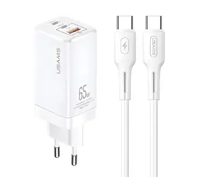 USAMS T33 weiß / Ladegerät / GaN / 65 W / 2x USB-C + USB-A / PD / inkl. USB-C-USB-C-Kabel