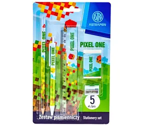 ASTRA Pixel One Schreibset / 5-teiliges Set / Lineal, Radiergummi, Anspitzer, 2× HB-Bleistifte