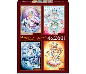 MAGNOLIA Puzzle Kristall-Einhorn, Weißes Kaninchen, Mitternachtsblau und Mond / 4x260 Teile