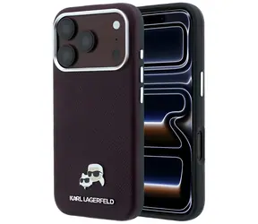 Karl Lagerfeld genarbtes Choupette-Kopf-Metall-MagSafe-Cover in Burgunderrot / Rückseite / Apple iPhone 18 Pro Max