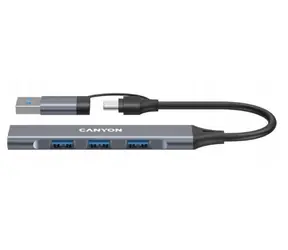 Canyon DS-02 grau / USB-Hub / 4 Anschlüsse / 1x USB 3.0 5 Gbit/s / 3x USB 2.0 480 Mbit/s / USB-C/USB-A-Adapter