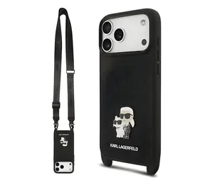 Karl Lagerfeld Saffiano Crossbody-Riemen / Karl und Choupette / Rückseite für iPhone 18 Pro / Schwarz