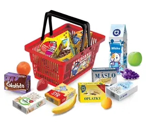 Rappa Einkaufskorb mit Zubehör, rot / Spielladen / 10 Lebensmittel + 6 Obst