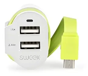 Sweex Kfz-Ladegerät weiß-grün / Kfz-Ladegerät / 3 Ausgänge / 6 A / 2x USB + Micro-USB