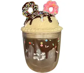 Sparkys Becher mit Deckel und Strohhalm, transparent, mit Donut-Motiv / 350 ml / Kunststoff