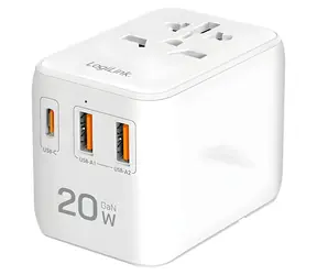 LogiLink Slim Ladegerät weiß / Ladegerät / GaN / 20 W / 2x USB-A QC / USB-C PD / 3 Anschlüsse
