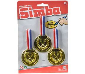 Simba Goldmedaille mit dreifarbigem Band, 3 Stück / Sportauszeichnungen / Durchmesser 6 cm / auf Karte