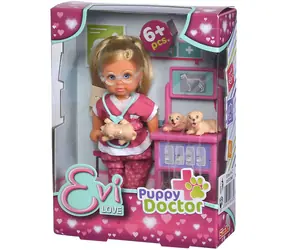 Simba Puppe Evička Tierärztin mit 3 Welpen / 12 cm / Untersuchungstisch und Zubehör / ab 3 Jahren