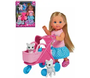 Simba Puppe Evička Katzenmama / 12 cm / mit Kinderwagen und 2 Kätzchen / ab 3 Jahren