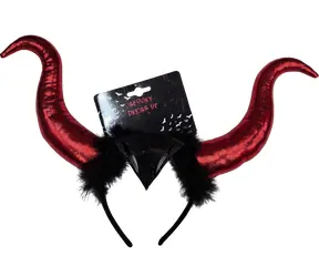 SPARKYS Haarband mit Teufelshörnern, rot / Karnevalsaccessoire / schwarze Federn / Glitzer