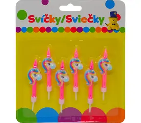 SPARKYS Geburtstagskerzen mit Einhorn und Halter / 6 Stück.