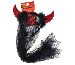SPARKYS Stirnband mit Halloween-Hörnern und schwarzem Schleier / Karnevalsaccessoire / rot / Textil mit Federn