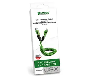 Vakoss MLU680G grün / Lade- und Datenkabel 4-in-1 / USB-C / USB-A / Lightning / 60 W / 1,5 m