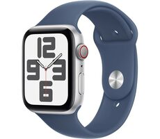 Apple Watch SE (2024) GPS + Cellular 44 mm silbernes Aluminiumgehäuse - Denim-Sportarmband S/M / 140-190 mm