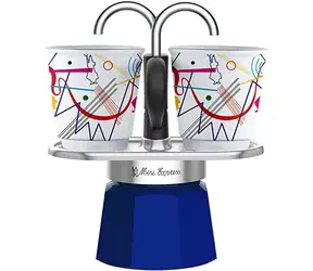 Bialetti MINI EXPRESS Set Kandinsky blau / Set: Fountain Mokkakanne (90 ml) + 2x Becher (Wassily Kandinsky)