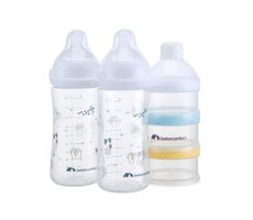 BEBECONFORT Set Babyflaschen Emotion Physio 270ml 0-12m+ Weiß 2 Stück + Spender