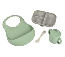 Beaba Silikon-Ess-Set 4-teilig mit Lätzchen Grau/ Sage
