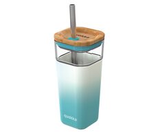 Quokka Glas-Reisebecher mit Strohhalm, flüssiger Würfel, blaugrüner Farbverlauf, 540 ml