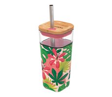 Quokka Glas-Reisebecher mit Strohhalm, Liquid Cube, Pink Jungle Flora, 540 ml