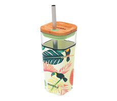 Quokka Liquid Cube Tropical Toucans Glas-Reisebecher mit Strohhalm, 540 ml