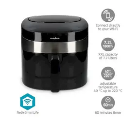 Nedis KAAF180BKW schwarz / SmartLife Heißluftfritteuse / 1800 W / 7,2 l / 8 Programme / WLAN / Android & iOS