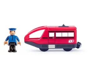 Woody Moderner elektrischer Zug rot / Zwei-Wege-Antrieb / Fahrerfigur / 10 x 4,5 cm / 1×AA / ab 3 Jahren 