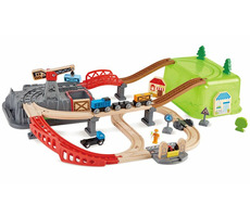 Hape Bucket Builder Eisenbahnstrecke mit Aufbewahrungsbox / 50 Teile / Zug mit Waggons / Gleise / Zubehör / ab 3 Jahren