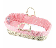 Petitcollin Tragbare Tasche aus Korbgeflecht, gefüttert, rosa, für Puppen bis 50 cm / ab 3 Jahren