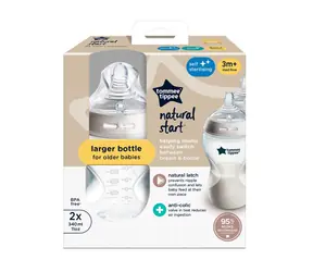 Tommee Tippee Natural Start selbststerilisierende Babyflasche mit Anti-Kolik-Sauger, mittlerer Durchfluss, 340 ml, ab 3 Monaten, 2 Stück