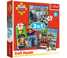 Trefl - Puzzle - Feuerwehrmann Sam: Sams Tag 3 in 1 / 20|26|50 Teile / 20 x 19,5 cm / Alter 3+