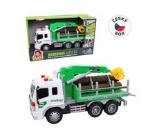 MaDe 20623 Holztransportwagen, Hebearm, batteriebetrieben, Licht und Sound, Schwungrad / 26 cm / ab 3 Jahren