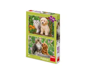 Dino Puzzle Hund und Katze im Garten / 2x48 Teile / ab 4 Jahren