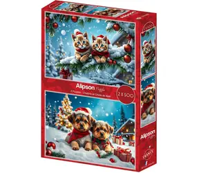 ALIPSON Puzzle Weihnachtskätzchen und -welpen / 2 x 500 Teile / ab 12 Jahren