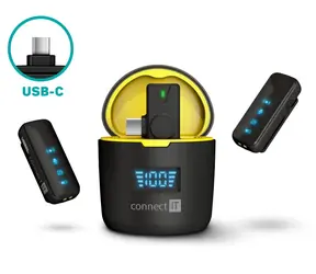 Connect IT ClipMic Pro USB-C Set mit 2 drahtlosen Mikrofonen und USB-C-Empfänger, schwarz / Reichweite 20 m / Akkulaufzeit 5 h