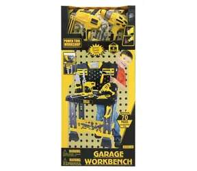 G21 DELUXE TOOLS Arbeitstisch mit Werkzeug / gelbgrau / Tischmaße zusammengeklappt 57 x 91 x 38,5 cm / ab 3 Jahren